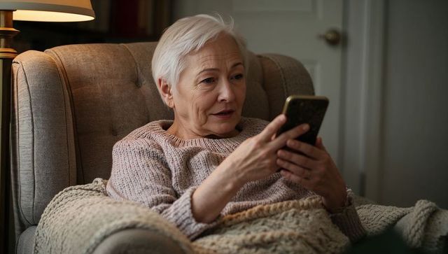 Senior woman relaxing in armchair using smartphone under warm lamp light, cozy evening at home