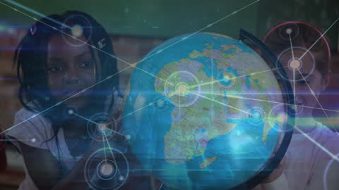 Diverse Children Exploring Globe and Digital Connections