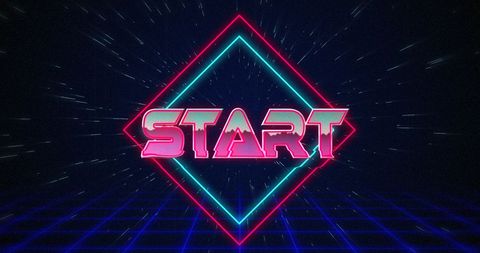 Retro Start Screen with Neon Glitch Effect in Squares and Dark Background 4k