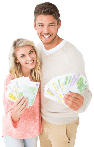 Happy Couple Holding Euro Bills on Transparent Background