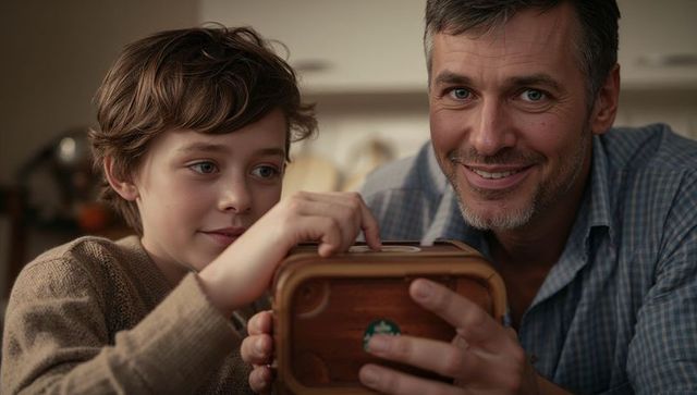 Father and son examining vintage wooden box at kitchen table, sharing curious moment
