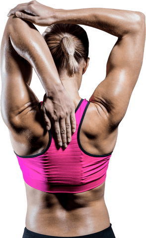 Transparent fit woman stretching muscular arm in pink sportswear