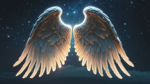 Glowing ornate angel wings in night sky with stars
