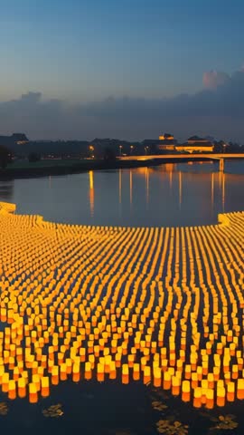 Vertical video tilting over river of floating lanterns after dusk revealing bridge lights