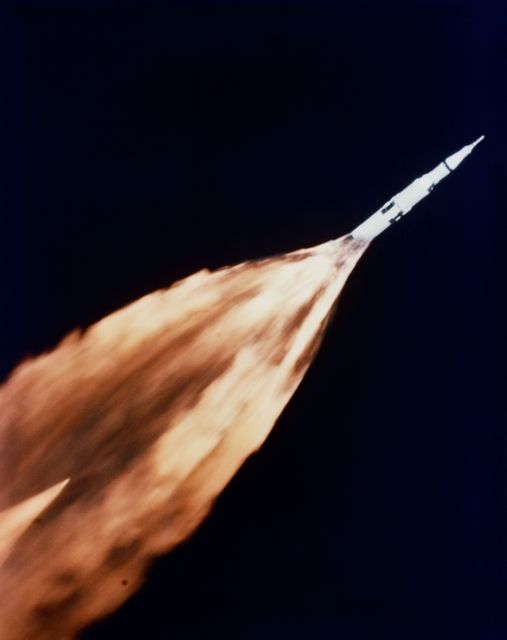 S68-27366 (4 April 1968) --- The five F-1 engines of the huge Apollo/Saturn V space vehicle's first (S-IC) stage leave a gigantic trail of flame in the sky above the Kennedy Space Center seconds after liftoff. The launch of the Apollo 6 (Spacecraft 020/Saturn 502) unmanned space mission occurred at 07:00:01.5 (EST), April 4, 1968. This view of the Apollo 6 launch was taken from a chase plane.