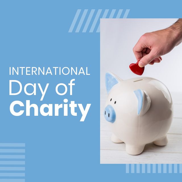 Cropped hand of man putting red heart shape in piggy bank with international day of charity text. Digital composite, copy space, raise awareness, charity, donation, celebration, social responsibility.