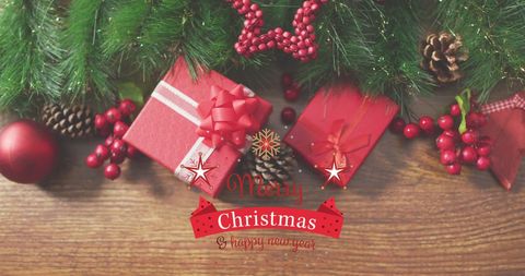 Festive Christmas Decorations and Gifts with Cheerful Greeting - Download Free Stock Images Pikwizard.com