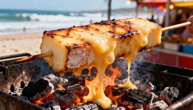 Searing cheese block melting and dripping over charcoal grill on seaside skewer, summer snack