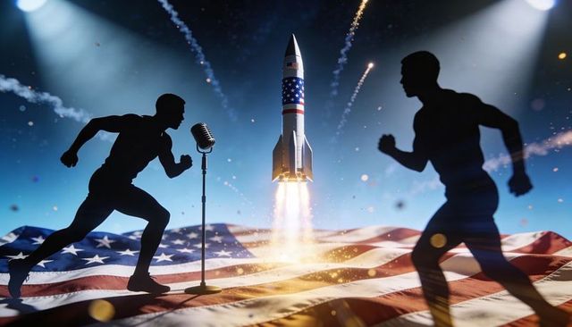 Patriotic rocket launch on american flag with silhouetted athletes and vintage microphone