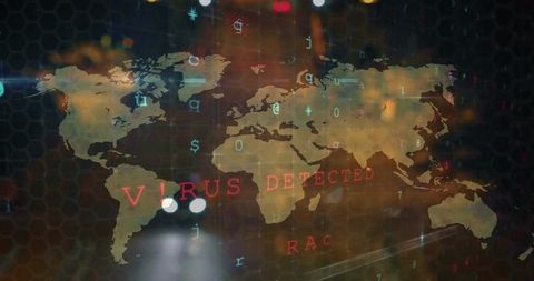 Global cyberattack alert displaying virus detected over world map with futuristic interface