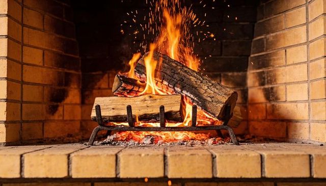 Crackling brick fireplace: glowing coals and split logs on metal grate, hearth ambience
