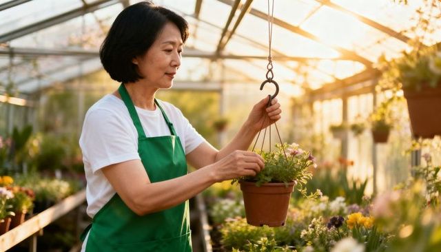 Greenhouse gardener adjusting hanging flower pot at golden hour for nursery care