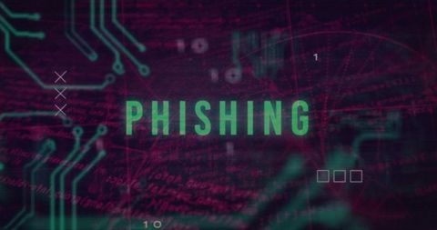 Neon PHISHING label over cyber grid with teal PCB traces conveying cybersecurity threat