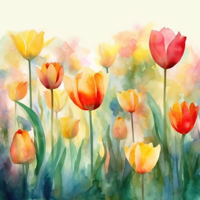 Vivid watercolor painting showcasing a field of tulips in full bloom, perfect for spring-themed projects, nature-inspired designs, home decor, and art prints. Suitable for use in greeting cards, calendars, book covers, and digital backgrounds.