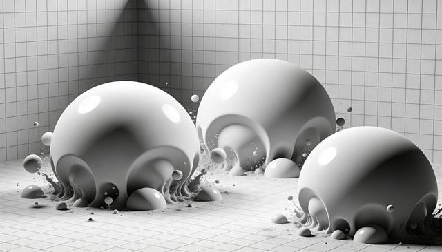 Glossy spheres melting into fluid tendrils on gridded corner minimalist monochrome