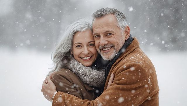 Senior silver-haired couple embracing in gentle snowfall, cozy winter romance outdoors