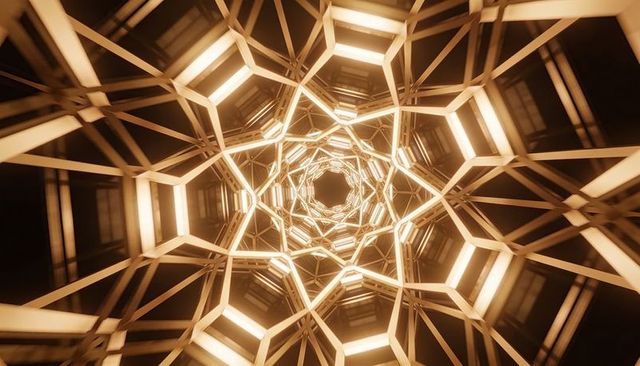 Hypnotic hexagonal light tunnel with warm amber leds and reflective geometric lattice
