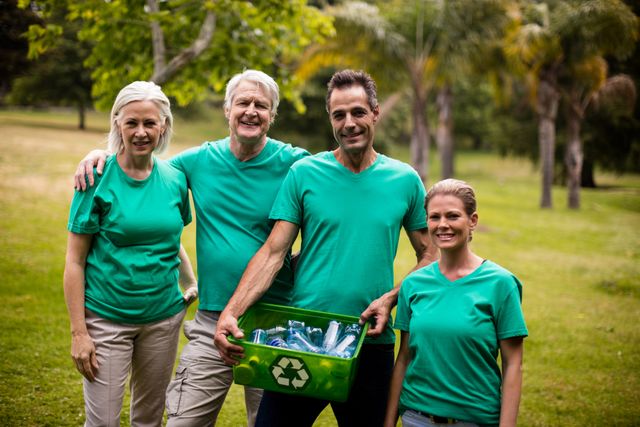 Group of recycling team members standing in a park, holding a bin with recyclable materials. They are wearing green shirts, symbolizing their commitment to environmental conservation. Ideal for use in campaigns promoting recycling, sustainability, community service, and environmental awareness.