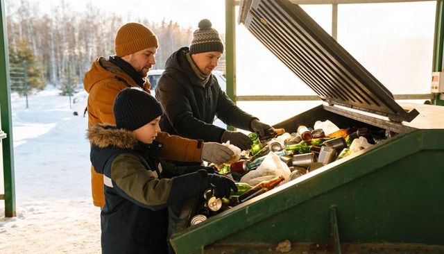Sorting recyclables with two men and boy at winter recycling depot under sunlit canopy
