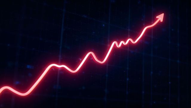 Glowing neon red trend line rising across dark digital grid with arrowhead