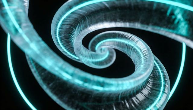 Translucent spiral tube glowing with cyan neon bands looping into vortex digital render