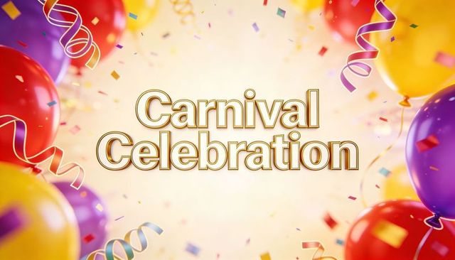 Carnival celebration golden typography with colorful balloons and confetti