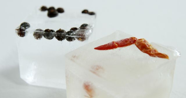 Close-up image of ice cubes containing peppercorns and chili peppers. This inventive scene can inspire chefs and bartenders to use frozen garnishes creatively. Suitable for publications on culinary innovations, food blogs, cooking classes, and cocktail recipe books.