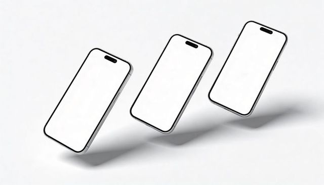 Floating minimalist smartphones with pill notch and blank screens for mockup display