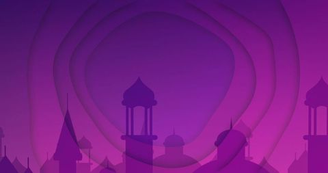 Purple paper-cut mosque skyline with layered arches and minarets for ramadan eid