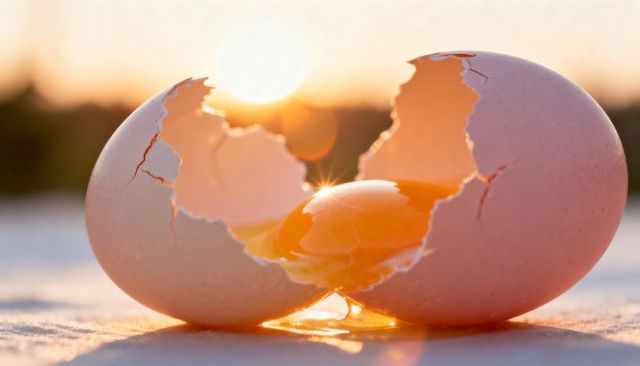 Backlit cracked egg revealing glossy golden yolk with sun flare, soft bokeh and warm glow