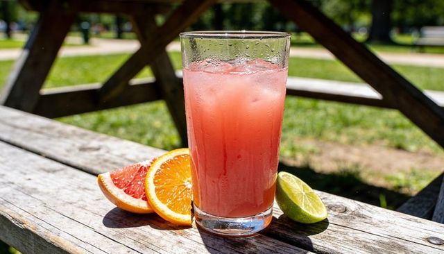 Refreshing pink grapefruit citrus cooler with ice on weathered picnic table in park
