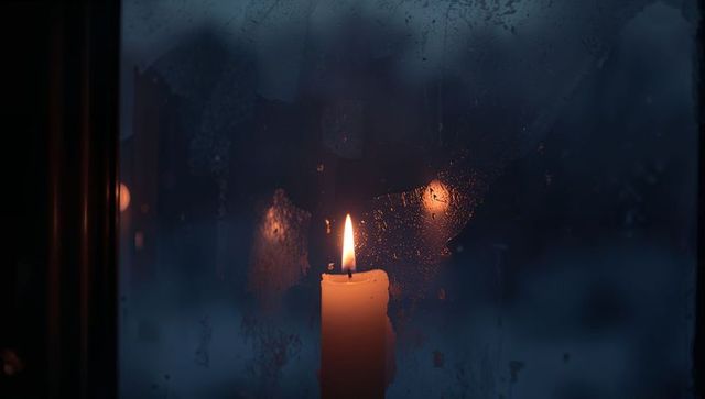 Ivory candle glowing peacefully on frosted window