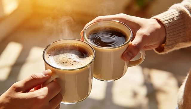 Clinking steaming coffee mugs on sunlit patio sharing cozy morning moment with knit sleeve