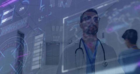 Doctor reviewing holographic medical interface in clinical corridor with ar analytics