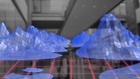 Abstract Digital Mountains in Futuristic Warehouse Scene