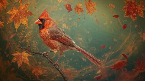 Vibrant Cardinal Perched Amidst Autumn Leaves with Whirlwind Effect