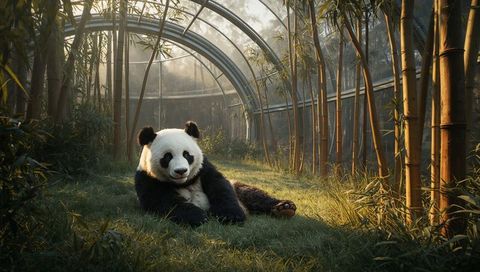 Resting Giant Panda in Glass Bamboo Conservatory Bathed in Golden Morning Light