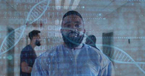 Clinician-scientist standing with digital dna overlay in clinical corridor