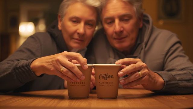 Senior couple aligning coffee cups on wooden table sharing intimate evening moment
