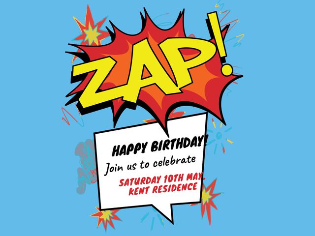 Creative invitation with a vibrant Zap graphic, perfect for superhero-themed birthday parties. Use it to add excitement and a comic book flair to event announcements, encouraging guests to join in the celebration. Suitable for both children's and adults' parties with a lively, fun atmosphere.