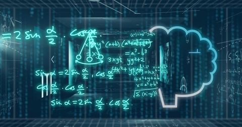 Holographic Math Equations and Neon Brain Hologram in Futuristic Digital Lab Corridor