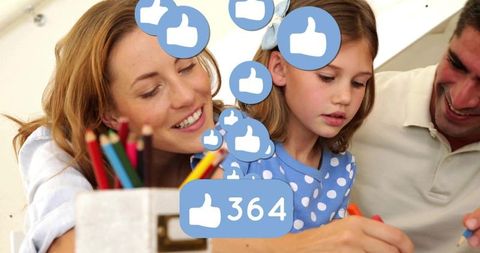 Parents guiding daughter drawing with color pencils and 364 likes