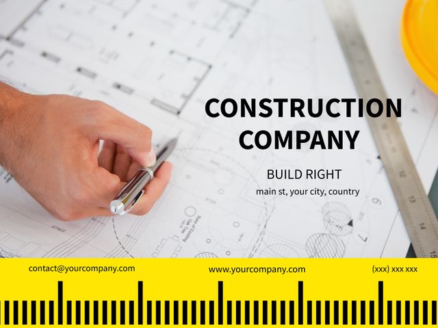 Professional template depicting architectural hand drafting. Useful for construction companies, architectural firms, and educational purposes. Ideal for business cards, promotional materials, and project presentations. Conveys expertise and precision in design and construction tasks.