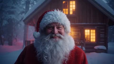 Smiling Santa Standing by Rustic Cabin During Snowfall, Spreading Holiday Cheer