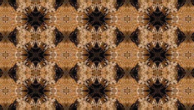 Warm wood-grain kaleidoscope pattern with dark rosette cores, seamless ornamental tile texture