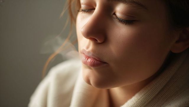 Serene woman exhaling vapor with eyes closed wearing cream knit shawl close-up portrait