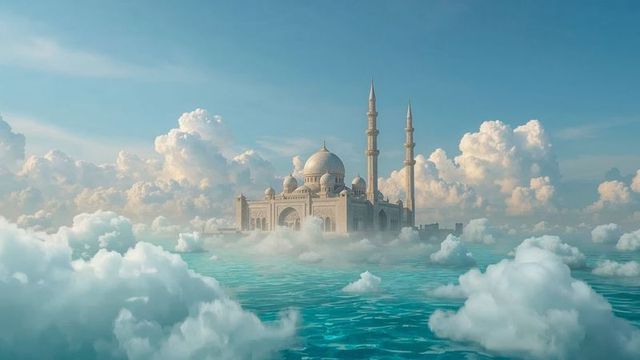 Ornate mosque floating above turquoise sea amidst clouds