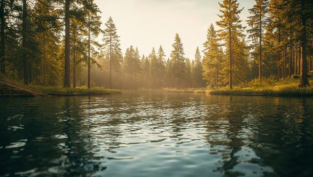 Serene Morning Lake with Mist and Sunlight Through Trees