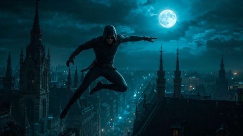 Hooded assassin figure leaping across gothic rooftops under full moon