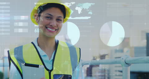 Female Architect Using Tablet with Digital Financial Data Overlay